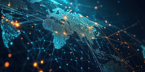 A digital representation of the world displays glowing connections between major cities symbolizing global communication and data transfer across continents on a dark blue backdrop