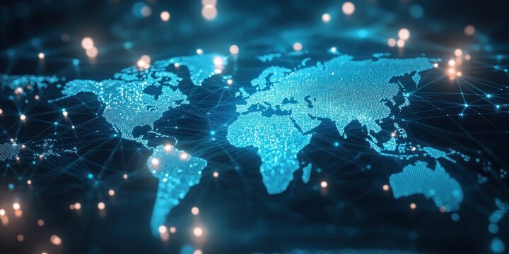 A digital representation of the world highlights glowing links connecting cities symbolizing advanced technology and global communication