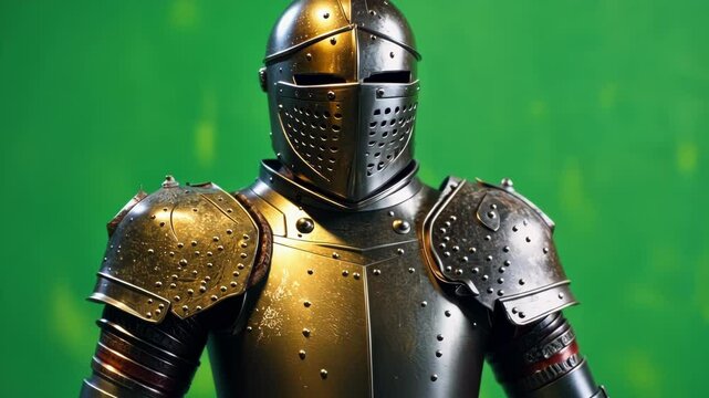 Confident medieval knight in armor on green screen, perfect for creative designs. Imagine a powerful warrior defending in battle. Strong, chivalrous presence ideal for projects