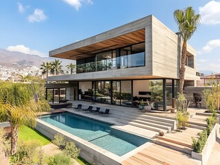 Fototapeta premium A minimalist house made of concrete, with two floors, a terrace, and wooden elements