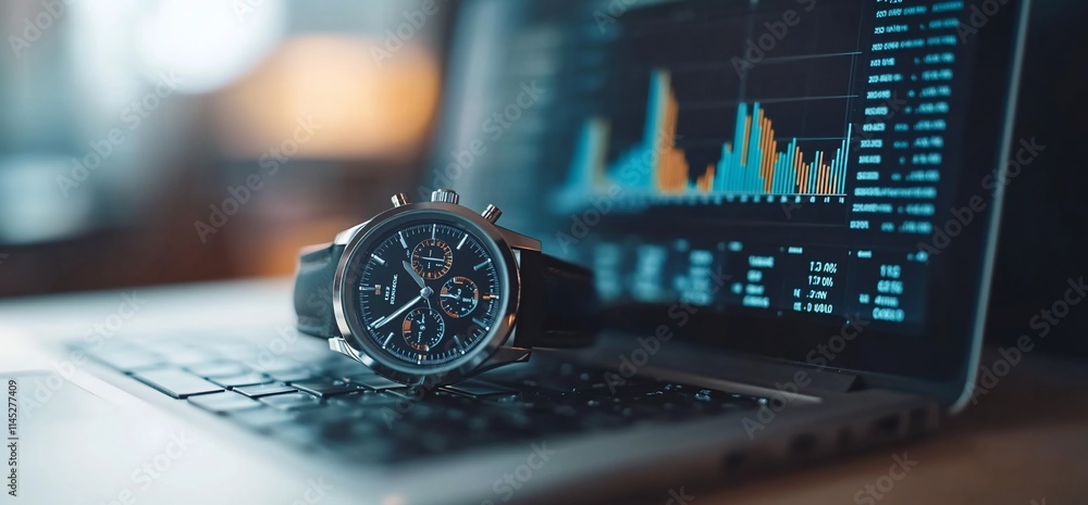 Poster a stylish watch rests on a laptop keyboard with data charts in the background.