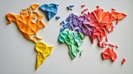 Colorful origami world map on white background.