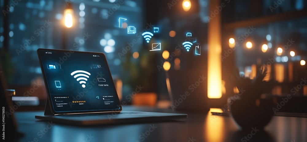 Poster a tablet displaying wi-fi connectivity icons in a dimly lit workspace.