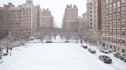 Obraz premium Snowy city street scene with apartment buildings.