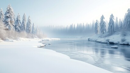 Frozen river with snow-covered banks and trees in the background , alpine landscape, cold climate