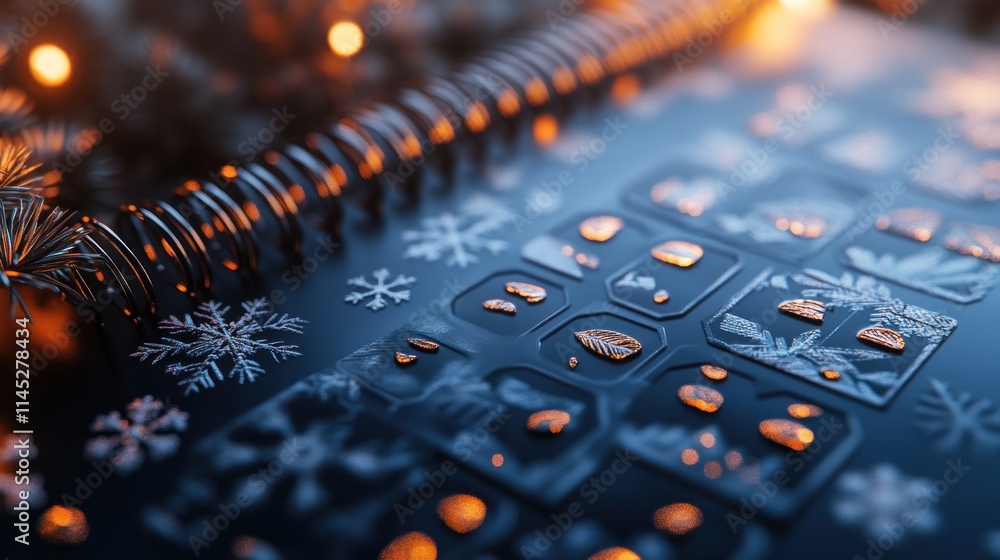 Poster close-up of a spiral-bound notebook with winter-themed icons and snowflake decorations, illuminated 