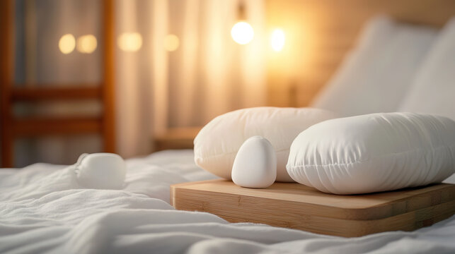 Sleep aid products neatly arranged on a bedside table, promoting relaxation and restful sleep for a peaceful night's slumber.