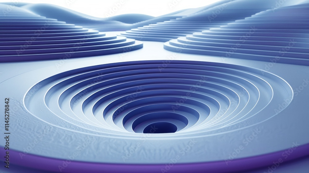 Poster abstract 3d rendering of concentric circles forming a hole in a landscape.