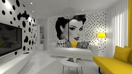 A vibrant living room featuring a yellow sofa and an oversized artwork on the wall, creating a cheerful and inviting atmosphere.