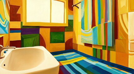 A vibrant bathroom featuring a stylish sink and a sunny window, creating an inviting and cheerful atmosphere.