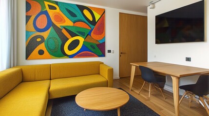 A cozy room features a couch, a table, and a painting adorning the wall, creating a welcoming atmosphere.