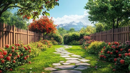 Fototapeta premium Serene Garden Path Leading to Majestic Mountain View