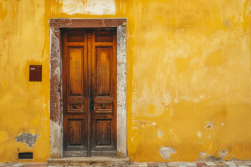  Yellow concrete wall with old wooden door in european city. Detailed photo textured background