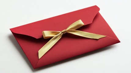 A vibrant red envelope adorned with a delicate gold ribbon is placed on a blank white surface. This design captures the essence of St Nicholas Day ideal for festive gifting