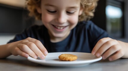 A cheerful young boy happily prepares a cookie for St Nicholas day placing it on a white plate. Soft lighting highlights his excitement in a simple warm atmosphere