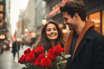 A guy gives red roses to his girlfriend on a city street. Valentine's Day.