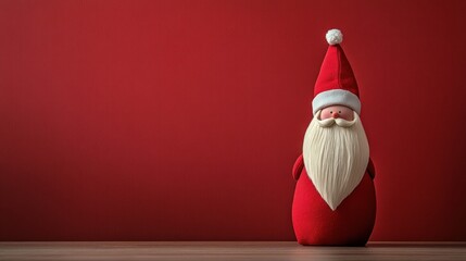 A charming representation of St Nicholas stands on a wooden surface showcasing a minimalist design with a vibrant red background. Perfect for festive decor on St Nicholas Day