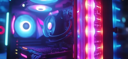 A vibrant gaming PC showcasing RGB lighting and cooling components.