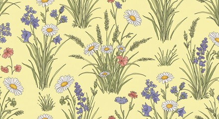 Fototapeta premium Vibrant colorful floral pattern with blooming wildflowers and green grass, concept for wallpaper design, textile print and garden decoration