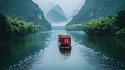 Naklejka premium A beautiful landscape with lots of mountains and a river on which a red boat sails