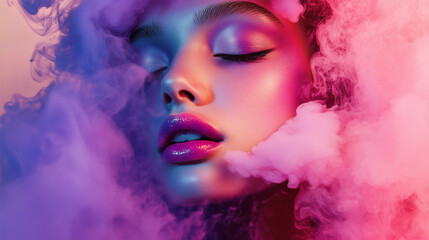 Fototapeta premium Close-Up Beauty Shot of a Woman with Colorful Smoke Background 