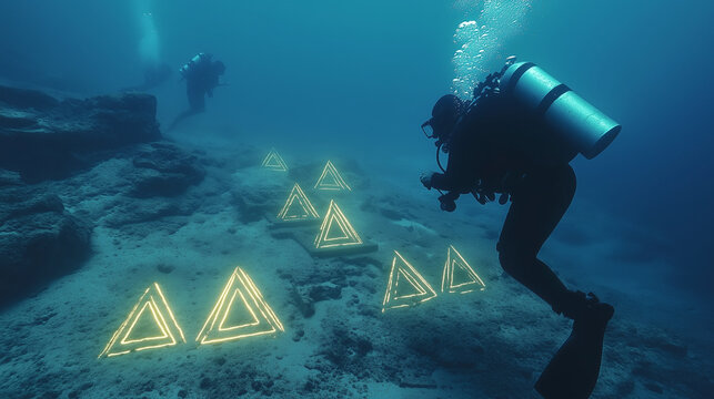 A diver exploring the ocean floor of the Bermuda Triangle, discovering ancient ruins etched with glowing triangular patterns