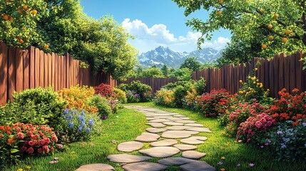 Obraz premium Serene Garden Path Between Wooden Fences and Mountain View
