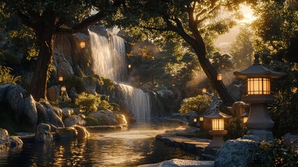 Serene waterfall cascading into a tranquil pond, illuminated by warm lanterns in a lush garden at sunset.