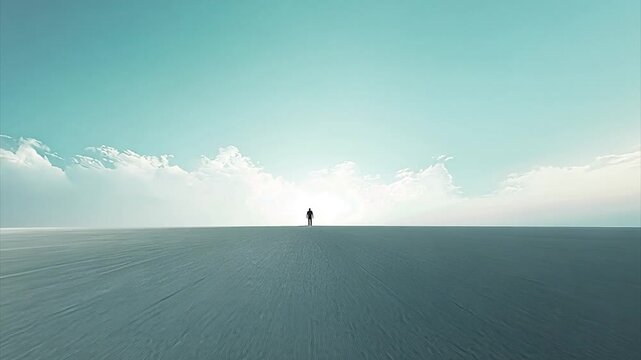 Tilting down and pulling back from a man's tiny dark silhouette and shadow at bottom of frame against a plain barren dry lake bed landscape and sky representing isolation.
