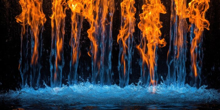 Cascada de agua y llamas fuego