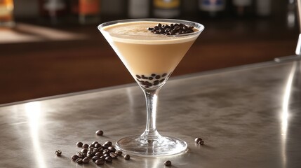 A bubbling espresso martini served in a sleek glass, garnished with coffee beans and placed on a polished bar counter. The low ambient lighting enhances the luxurious vibe. 