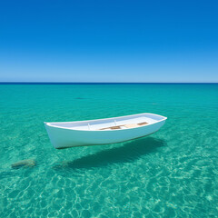 Naklejka premium A Rowboat Journey Over Transparent Waters Teeming with Fish