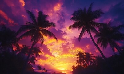 A vibrant sunset over palm trees, creating a tranquil tropical atmosphere.
