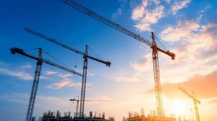 Fototapeta premium Construction cranes silhouetted against a sunset sky.