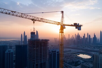 Construction crane over cityscape at sunrise.