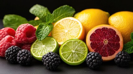 Fresh fruits arrangement kitchen food photography dark background close-up healthy eating concept