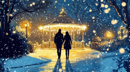 Obraz premium Couple holding hands, walking towards a snow-covered gazebo in a winter park at night.
