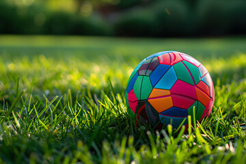 Vibrant Play Ball Resting on Lush Green Lawn: A Burst of Color in Simple Outdoor Pleasure