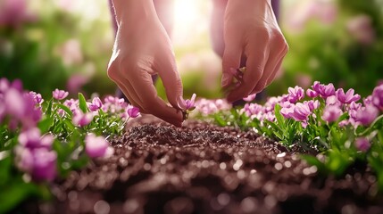 Close-up gardener edging lawn, colorful spring flowers in background