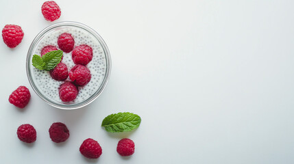 Chia pudding with coconut cream, raspberries, and mint in clear glass jar, minimalist style, bright lighting, light and uplifting mood, red, white, and green accents, high clarity for marketing.