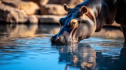 Fototapeta premium Close-up of a hippo drinking from a clear pond, sunlight illuminating its textured skin, zoo habitat with rocks and greenery, calm summer day