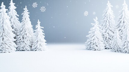Obraz premium Minimalist winter landscape background featuring snowy pine trees and falling snowflakes under a soft blue sky.