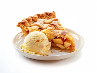 Slice of apple pie with a scoop of vanilla ice cream on a white plate, isolated on a white background, showcasing a classic dessert combination