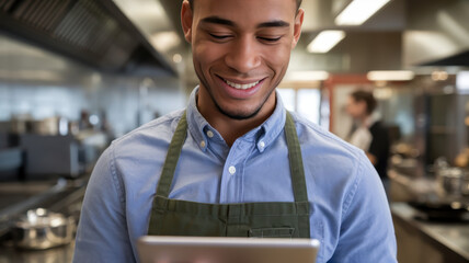 Smiling African American male chef in a blue shirt and green apron, using a tablet in a bustling kitchen setting.