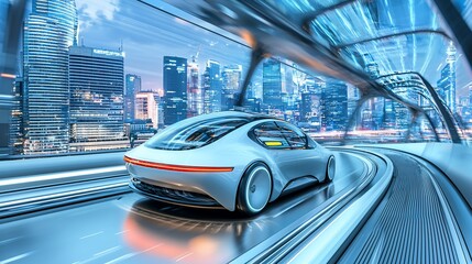 Fototapeta premium Futuristic electric car speeding on elevated track in a modern city.