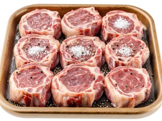 Nine seasoned lamb chops arranged on a tray, ready for cooking.