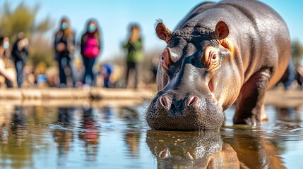 Zoo hippo near water, visitors in background, conservation focus