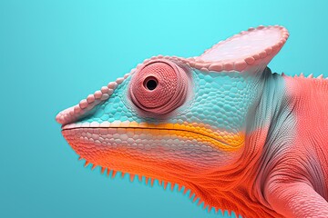 Chameleon portrait of azure and pink colored on a azure background.
