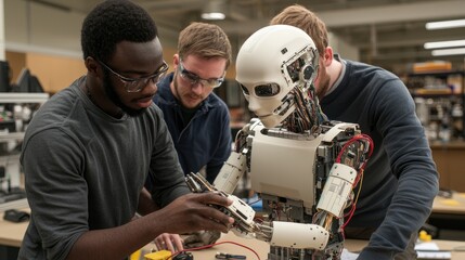 Robotic assembly workshop technology lab educational content indoor environment close-up view robotics innovation