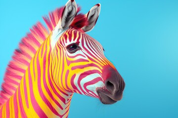 Portrait of a zebra with yellow and pink stripes in the studio on a blue background.